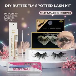 Custom DIY 70mm extended false eyelashes set, suitable for stage, parties, comic conventions cosplay, festivals, and daily use, dense and dramatic, soft, butterfly wings, colorful polka dot feathers, creative eye makeup