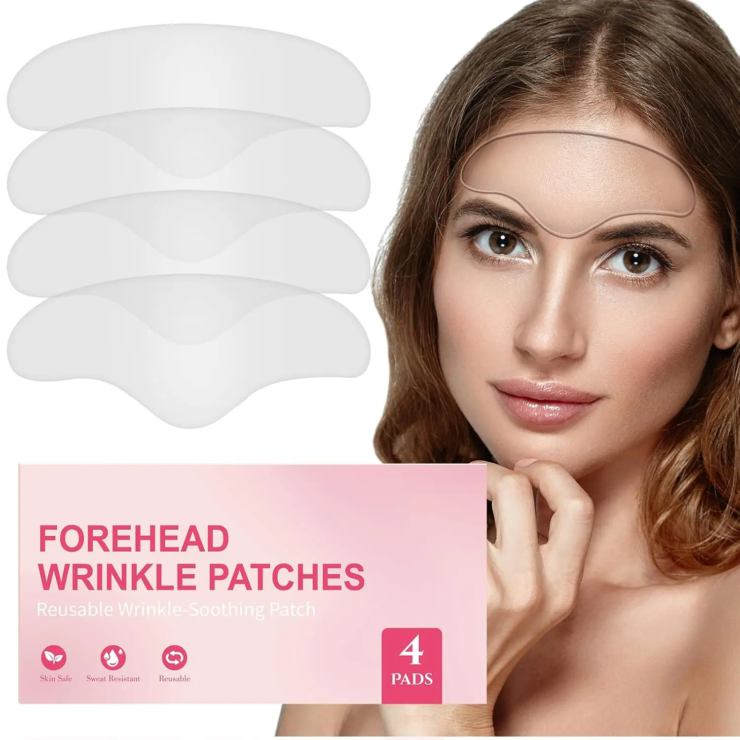 Reusable Silicone Forehead Patches, 4-Pack Cosmetic Wrinkle Smoothing Treatment for Brow Lift, Non-Invasive Skincare Tool