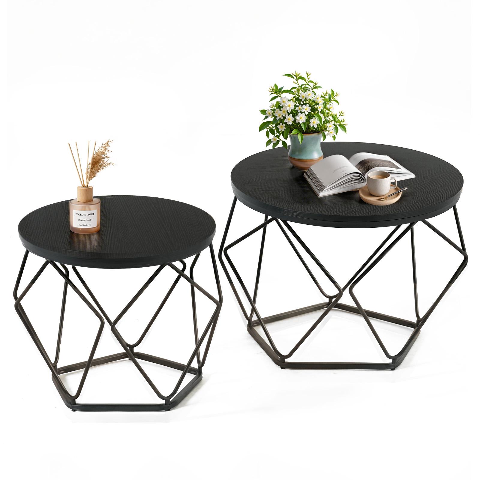 Small Coffee Table Set of 2, Round Coffee End Table with Metal Frame, Glass Tabletop, Gold Side Table for Living Room, Bedroom and Balcony, Modern Style  Modern geometric style coffee table set (2-piece), round stackable side table with hidden