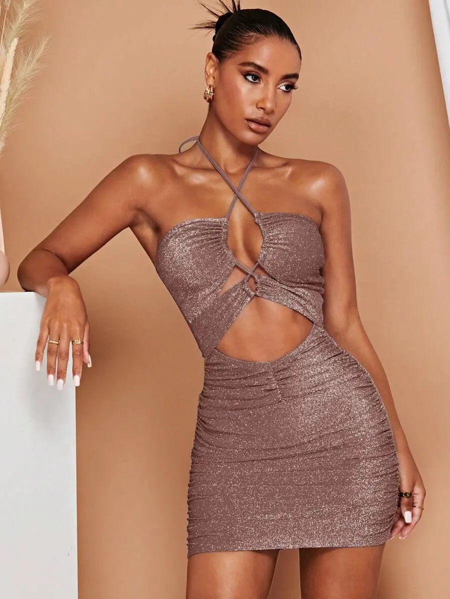 LUNARA Knitted Glittery Halter Neck Bodycon Dress