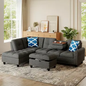 Giantex Sectional Sofa Couch, 98" L-Shaped Sofa with Movable Storage Ottoman, Linen Fabric Back & Seat, Cup Holders & Removable Pillows, Modern 4-Seater Sofa for Living Room, Apartment