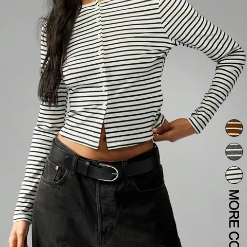 Women's Striped Long Sleeve Button Front Top, Trendy Chic Round Neck Top for Daily Wear, Aesthetic Look