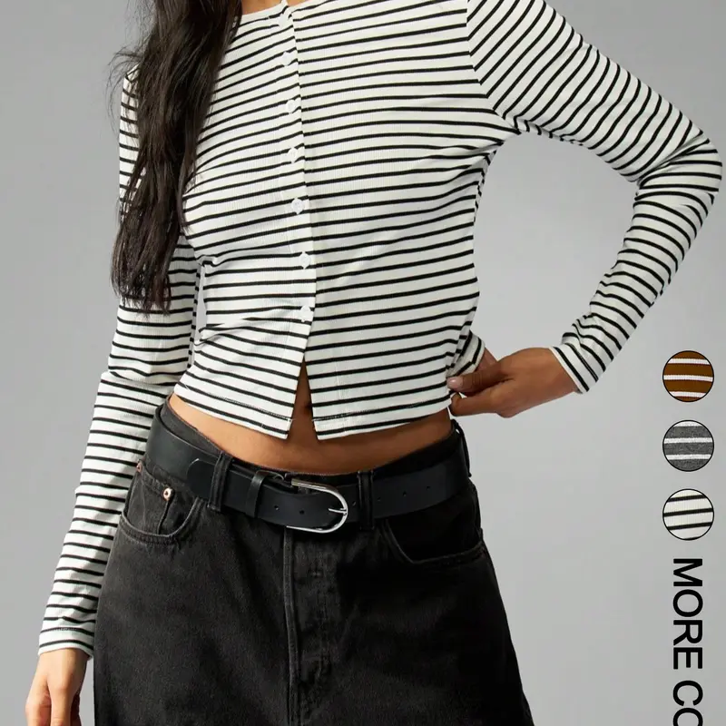 Women's Striped Long Sleeve Button Front Top, Trendy Chic Round Neck Top for Daily Wear, Aesthetic Look