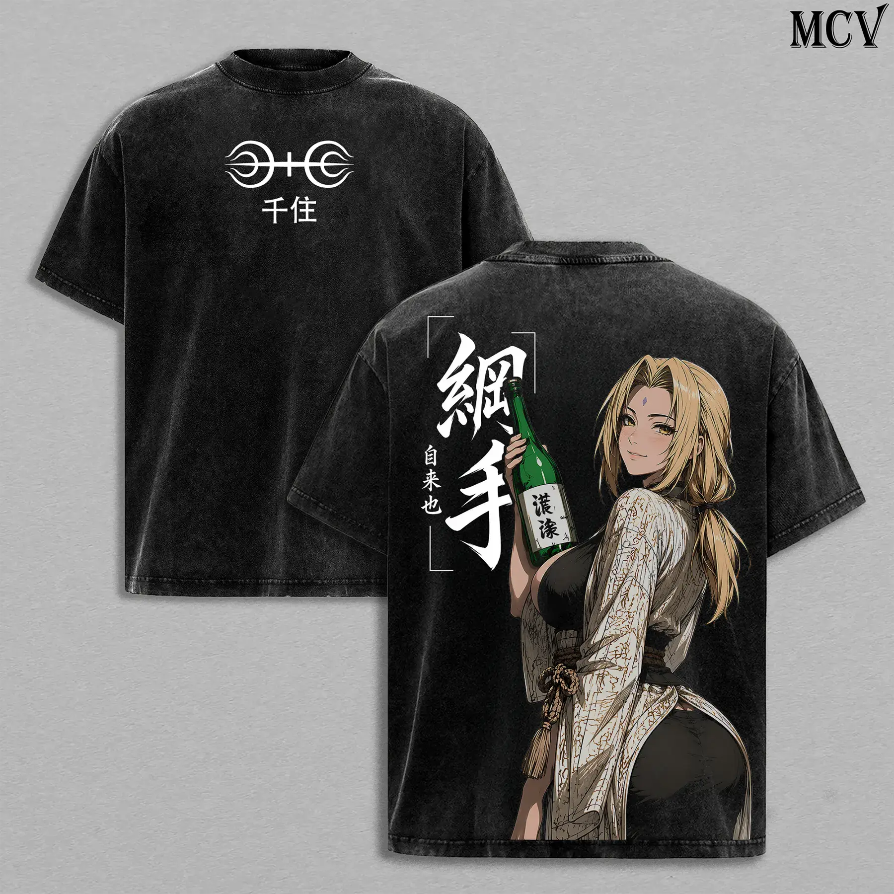 Men's Naruto Tsunade 5th Hokage Vintage Washed Graphic Tee - Legendary Sannin Short-Sleeve Distressed Ribbed Drape Breathable Heavyweight Cotton Streetwear Oversized Shirt, Shortsleeve, Top, Loose, Menswear, Print, Tshirt, Unisex, Original, Baggy, Cargo