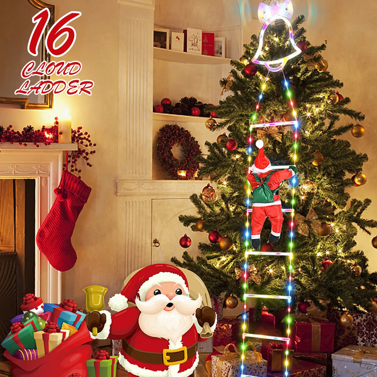 2025 Latest Santa Claus Climbing Ladder Light, featuring a 10.5-foot long illuminated rope ladder, waterproof and safe to use, suitable for houses, gardens, courtyards, trees, rooftops, rooms and windows