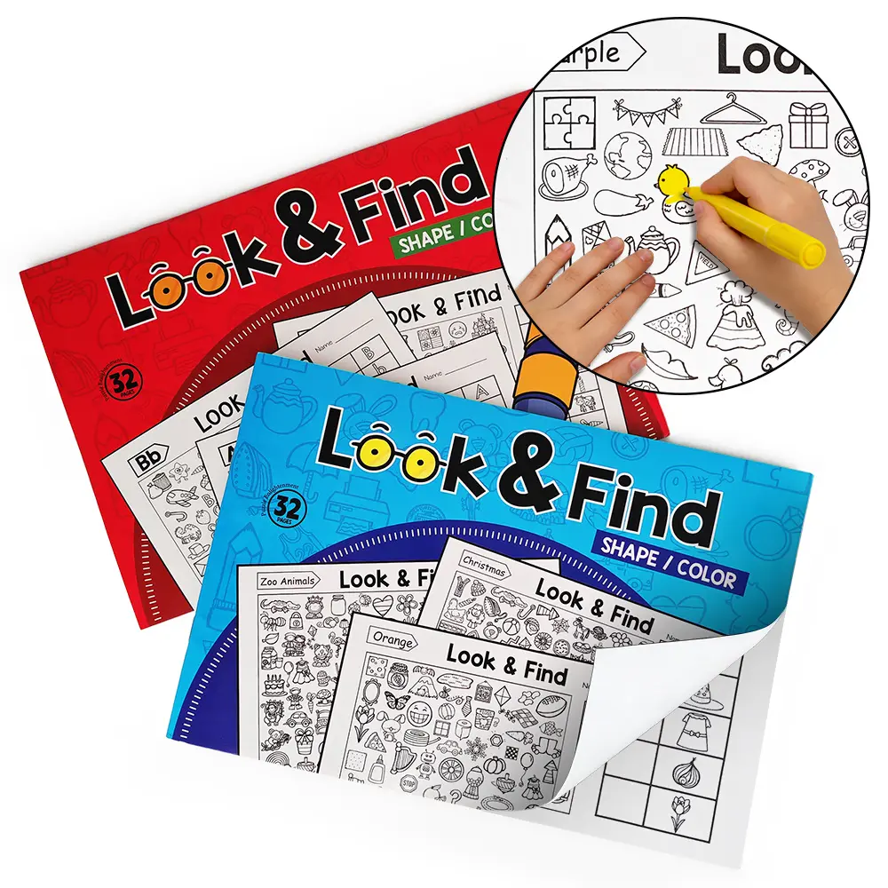 2 PCS Interactive Look & Find Coloring Book with 32-Page, Ages 3+ for School, Home & Travel,Preschool Learning & Coloring Activity Book for Girls & Boys, Letters, Transportation,Numbers and Animals, Coloring And Matching Book, Kids Christmas Gifts