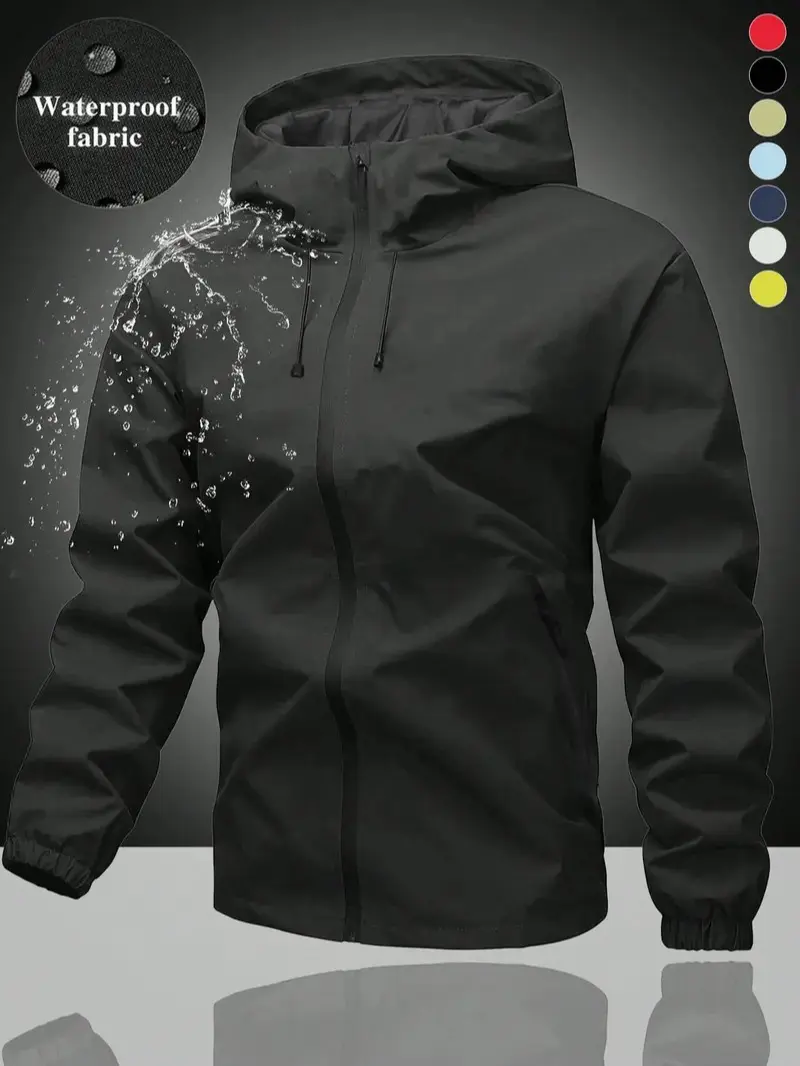Unisex Plain Waterproof Windproof Drawstring Zip Up Hooded Jacket, Casual Long Sleeve Zipper Pocket Design Outerwear for Outdoor Activities, Men's Clothes for All Seasons, Menswear