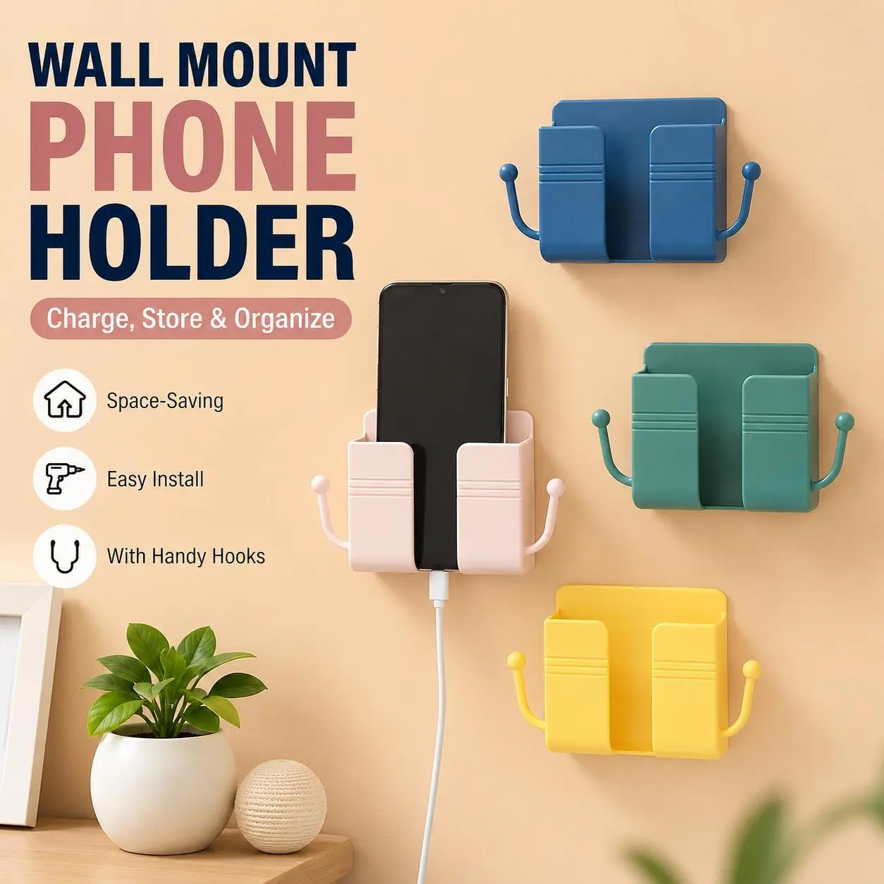 Pink-Self-Adhesive Wall-Mounted Phone Holder & Remote Control Organizer — No-Drill, Multifunctional Wall Storage Rack. Ideal for Bedrooms, Bathrooms, and Kitchens; Holds Mobile Phones (including while charging), TV/AC Remotes, Glasses, and Keys.
