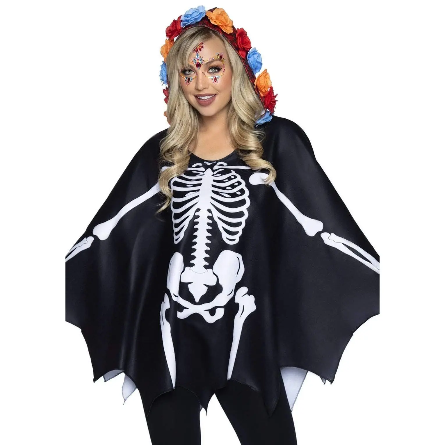 Women's Day of the Dead Poncho Costume, Casual Floral Skeleton Print Wrap with Hood for Halloween, Comfy Relaxed Fit, Clothes, Polyester, Costume Ideas
