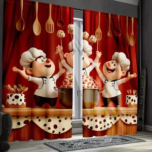 2-piece set of classic chef pattern polyester curtains, kitchen and farmhouse decoration, semi transparent polyester fabric, printed with three fat chef style patterns, home decoration curtains