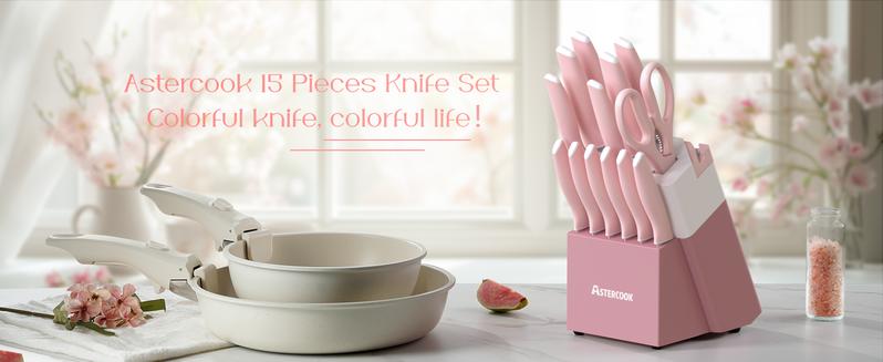 Astercook 14-Piece Professional Kitchen Knife Set – High Carbon Stainless Steel Chef, Bread, Santoku & Steak Knives with Hardwood Block, Ideal Valentine’s Day Gift Pink Wooden