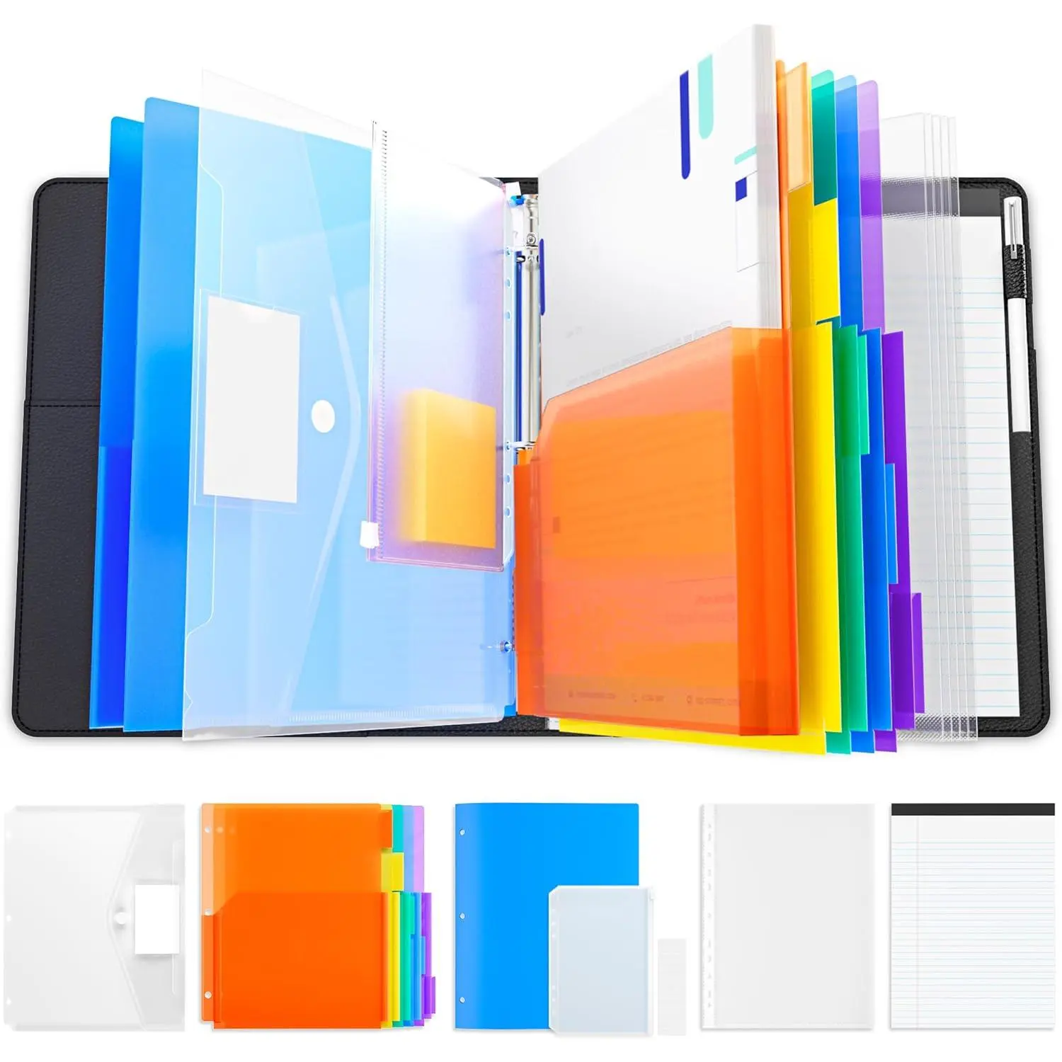 Black 3-Ring Binder Clipboard with Storage (12.4"x10.2") - Office Filing Tool, 5 Colorful Removable Transparent Folders, 11"x8.5" Refillable Lined Notepad, Zipper Pocket, Pen Loop, Sheet Protectors, Ideal for Office Use, Birthdays, Thanksgiving