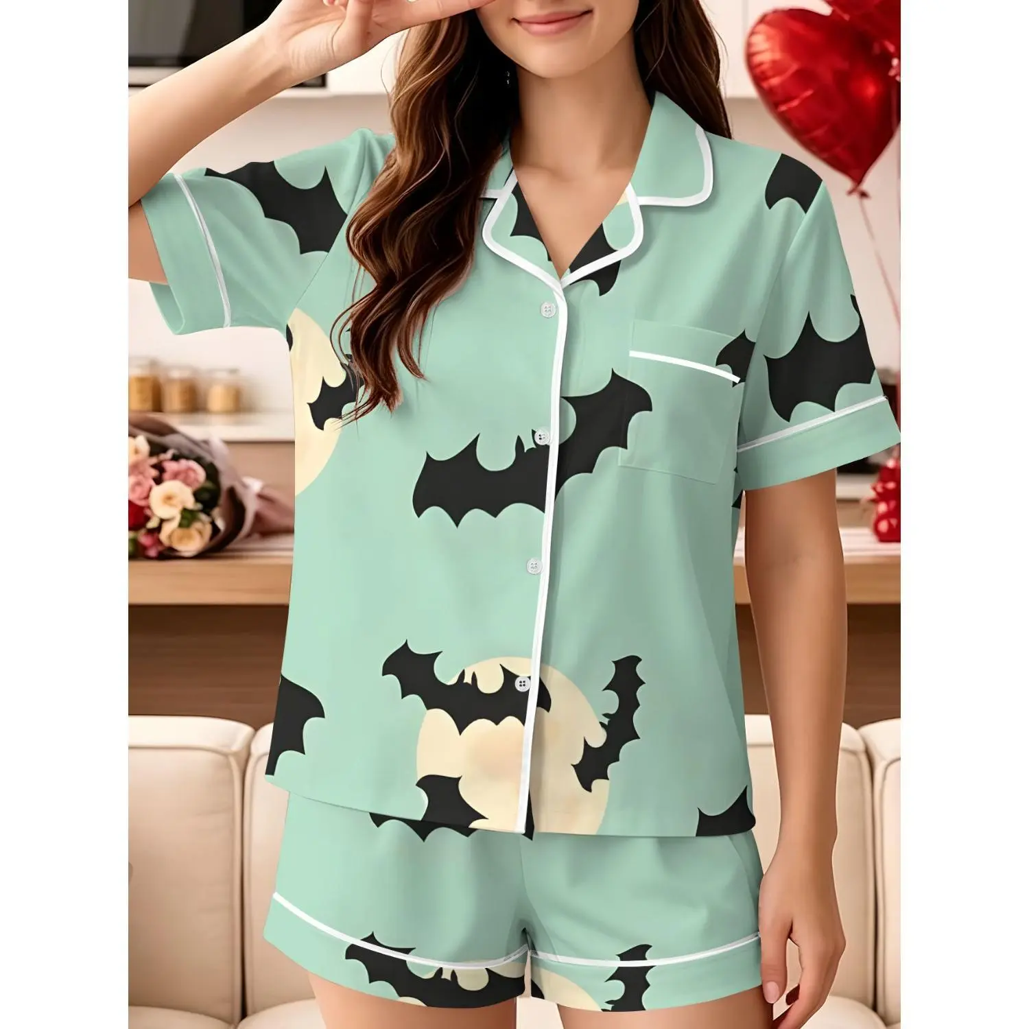 Moonlit Bat Colony Women's Pajama Set - Comfortable Fashionable Short Sleeve & Shorts, Versatile Home & Outdoor Wear