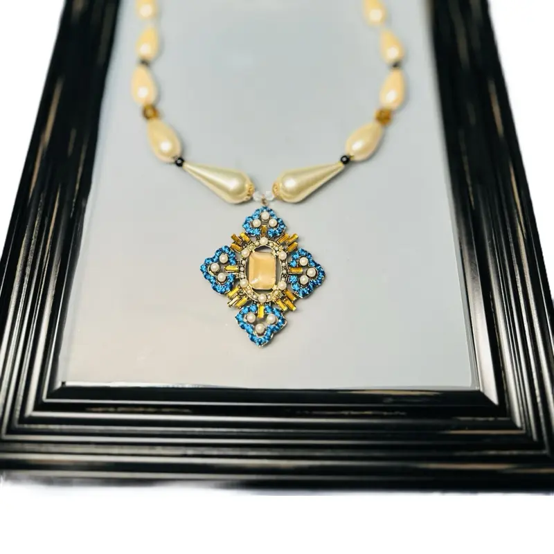 Faux Pearl Maltese Cross Pendant Necklace with Amber Glass Beads, 24in