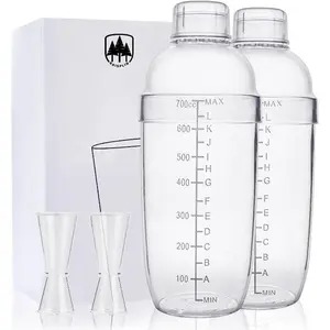 2pcs 24Oz Plastic Cocktail Shaker Set with Black Scales, Raisaplin Hand Drink Mixer Tea Shaker Cup Bartender Additions Bar with 2pcs Double Measuring Jigger Bar Coffee Kitchen Party