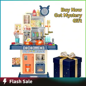 King Size Pretend Play Kitchen Toys for Kids - 45PCS with Cooking Stove, Steam, Play Sink, Sound & Light Effects, Realistic Kitchen Accessories pretend play toys