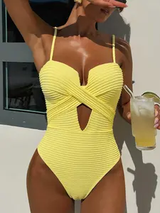 2026 new bikini bikini yellow vertical strip hollow strap one-piece swimsuit