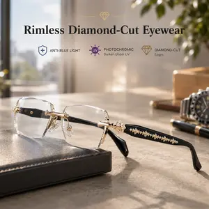 SummerWins Rimless Blue Light Blocking Photochromic Eyewear, Frameless Vision Glasses with Clear Lenses That Darken Under UV Light, Diamond-Cut Edges, Stainless Steel Fashion Temple Decor, Unisex Adults Daily Use Accessories, GiftsDealsForYouDays