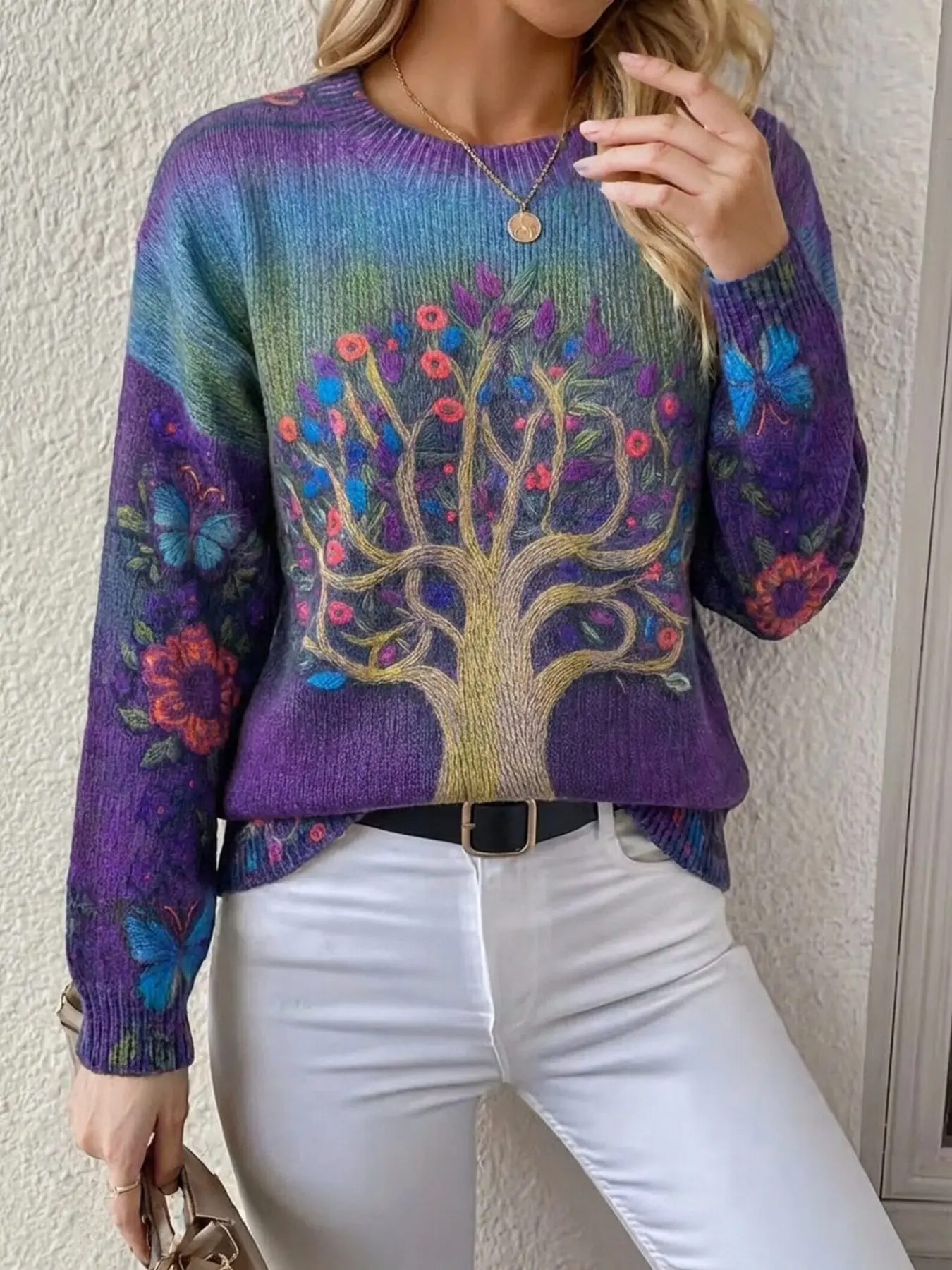 Elegant Women's Knit Sweater, Printed Effect, Colorblock Pullover, Fashionable Ladies' Clothing, Casual Daily Wear, Long Sleeve Jumper, Knitwear, Womenswear