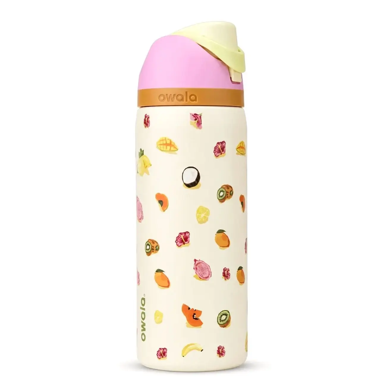 Owala 32oz FreeSip Insulated Stainless Steel Water Bottle with Straw, Tropical Fruit Print Leak-Proof Bottle for Women, Cute Summer Aesthetic Travel Bottle for School, Gym, Work & Cold Drinks J2