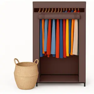 Portable Wardrobe Closet - 50 lb Capacity, Internal Heavy Duty Metal Rod, Zipper & Clear Window, Durable Clothes Organizer, Tool-Free Easy Assembly, Brown Canvas Cover