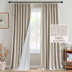 Pinch Pleated Full Blackout Curtains Linen Blended Chenille Blackout Curtains 96 inch Long 2 Panels Bedroom Thermal Insulated Farmhouse Neutral Track Drapes with Hooks, Heather