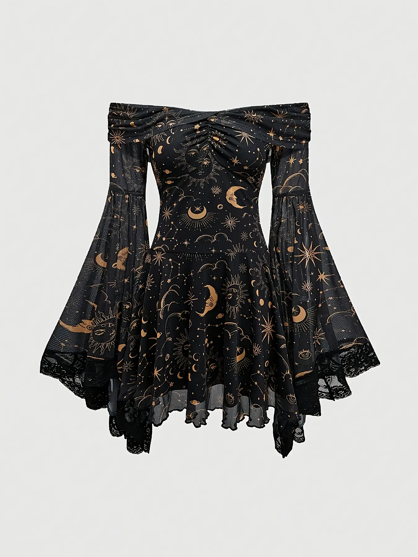 Gothic Vintage Star Moon Print off Shoulder Flounce Flared Sleeve Mesh A-Line Elegant Chic Fitted Dress, Women's Fashion Long Sleeve Party Dress, Formal Elegant Dress, Womenswear - TikTok Shop Gothic Vintage Star Moon Print off Shoulder Flounce Flared Sleeve Mesh A-Line Elegant Chic Fitted Dress, Women's Fashion Long Sleeve Party Dress, Formal Elegant Dress, Womenswear - TikTok Shop