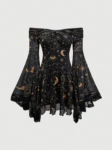 Gothic Vintage Star Moon Print off Shoulder Flounce Flared Sleeve Mesh A-Line Elegant Fitted Dress, Women's Fashion Long Sleeve Party Dress