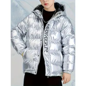 Boys' Winter Warmth Jacket, Casual Polyester 100% Long Sleeve with Zipper, Alphabet Pattern, Regular Fit, Non-Stretch Fabric, Cardigan Collar, Thickened Coat for Fall/Winter