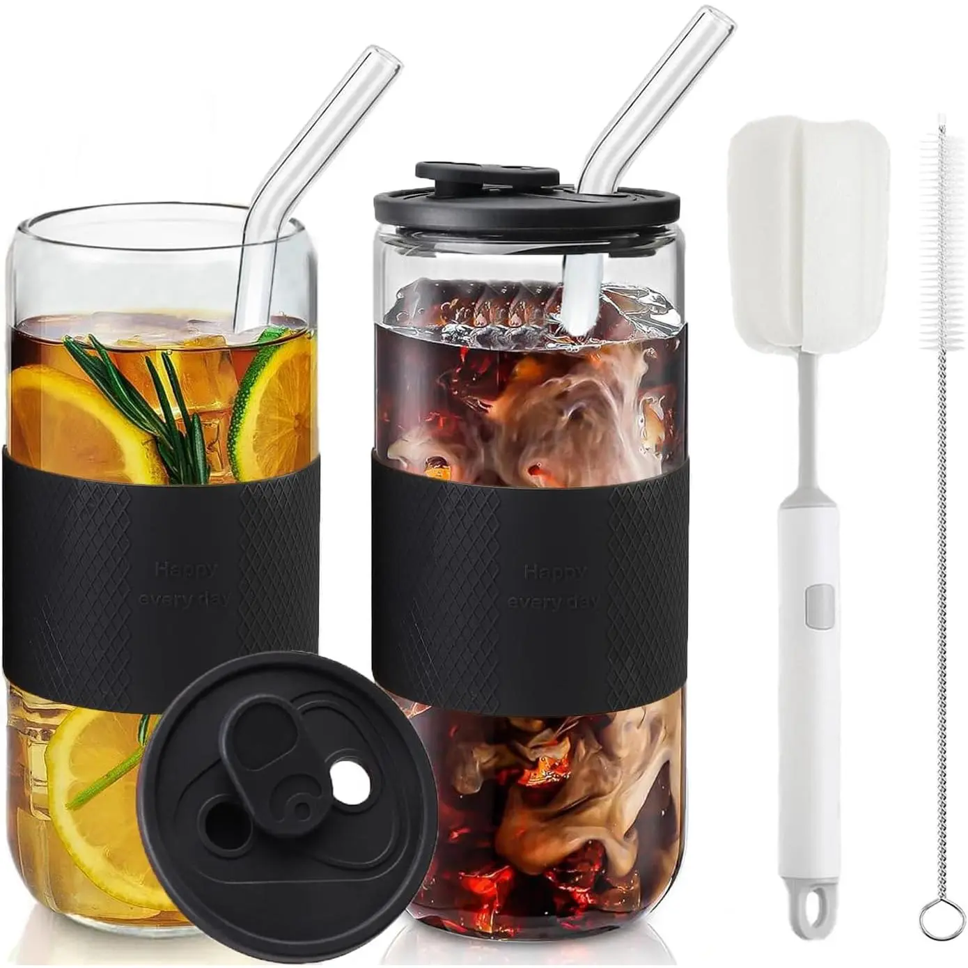 20oz Can Shaped Glass Cups with Silicone Lids and Glass Straws, 2 count Drinking Glasses with Lids and Straws, and Silicone Sleeves, Beer Glasses, Iced Coffee Cups, Soda, Gift - Black