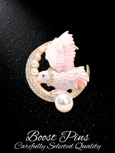 Gold Tone  Enamel Dove Brooch for Women, Crescent Moon with Pearl & Clear Rhinestone, Alloy Statement Lapel Pin, Fashion Jewelry for Coat Scarf, Birthday Gift for Her