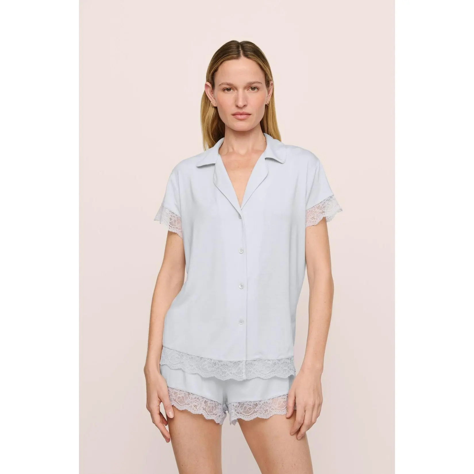 Women's 2-Piece Pajama Set, Smooth TENCEL Modal Spandex Short Set with Lace Trim, Button-Front Top and Cheeky Shorts