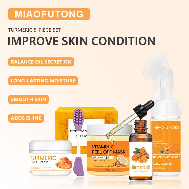 Turmeric 6-Piece Skincare Set with Massage Cleansing Brush – Includes Turmeric Clay Mask, Turmeric Mousse Cleanser, Turmeric Soap, Turmeric Face Cream, and Turmeric Oil. A complete cleansing and skincare kit