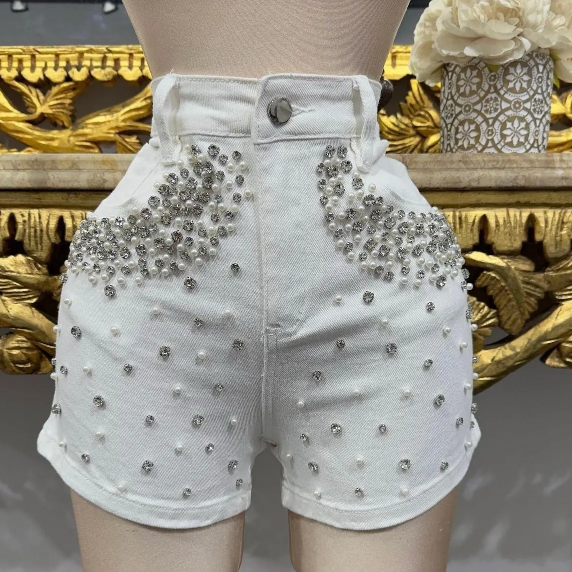 5090-Lucia White shorts with rhinestones Bottoms Fashion .. Comfortable