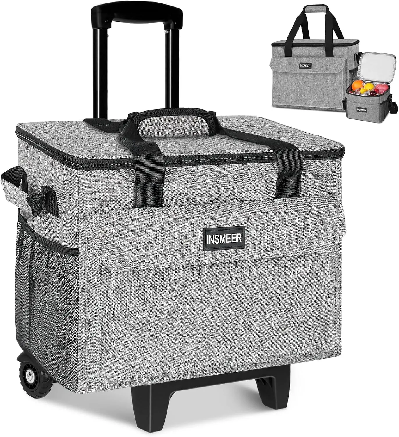 INSMEER Rolling Cooler with Lunchbag, 50-Can Collapsible Cooler with Wheels | Insulated Hard Liner Coolerbag,2-in-1 Portable Trolley Cart, Leakproof Coolers for Shopping Travel Camping Picnic Beach