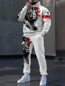 Men's Casual Two-Piece Set, Lion Print Hoodie and Sweatpants, Spring & Fall Fashion, Daily Wear, Loose-Fitting, All over Print