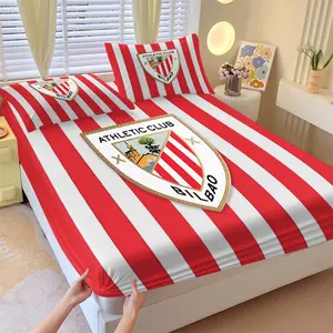 Competitive Theme Fitted Sheet Set (includes 1 Fitted Sheet & 2 Pillowcases), Classic red and white vertical stripes, paired with high-definition three-dimensional team emblem, skin friendly fabric tightly wrapped around the mattress