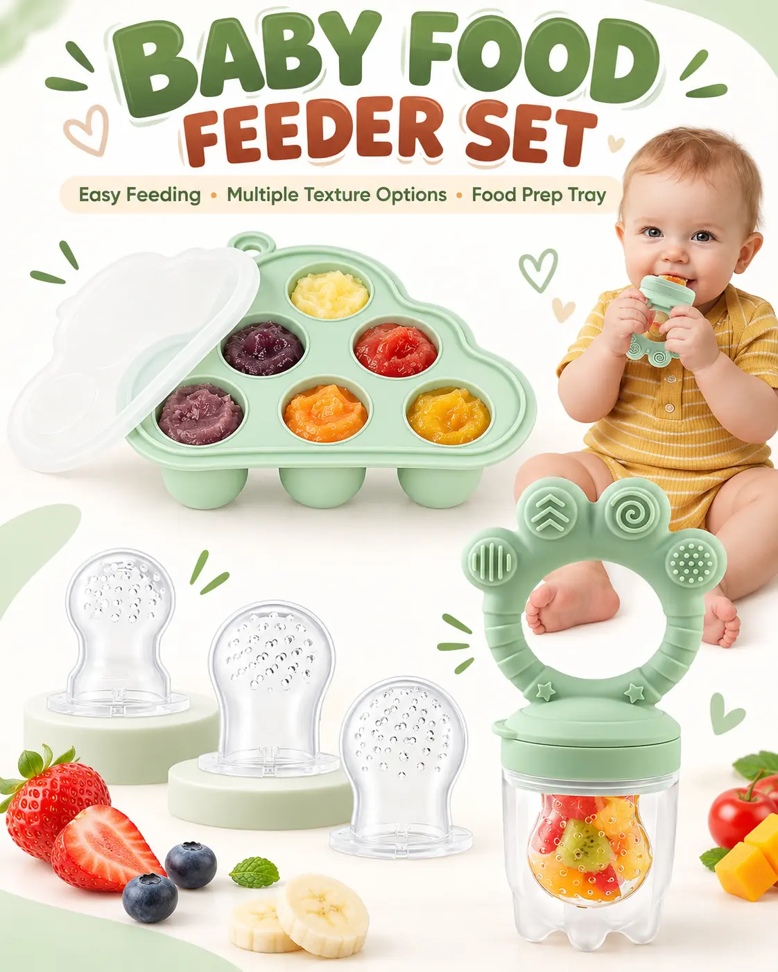 Halloween Gift  Baby Fruit Feeder Teether 4M+ | Breastmilk Popsicle Teething Toy & Fresh Food Feeder | Self-Feeding Silicone Teether with Freezer Tray & Extra Food Pouches | BPA-Free
