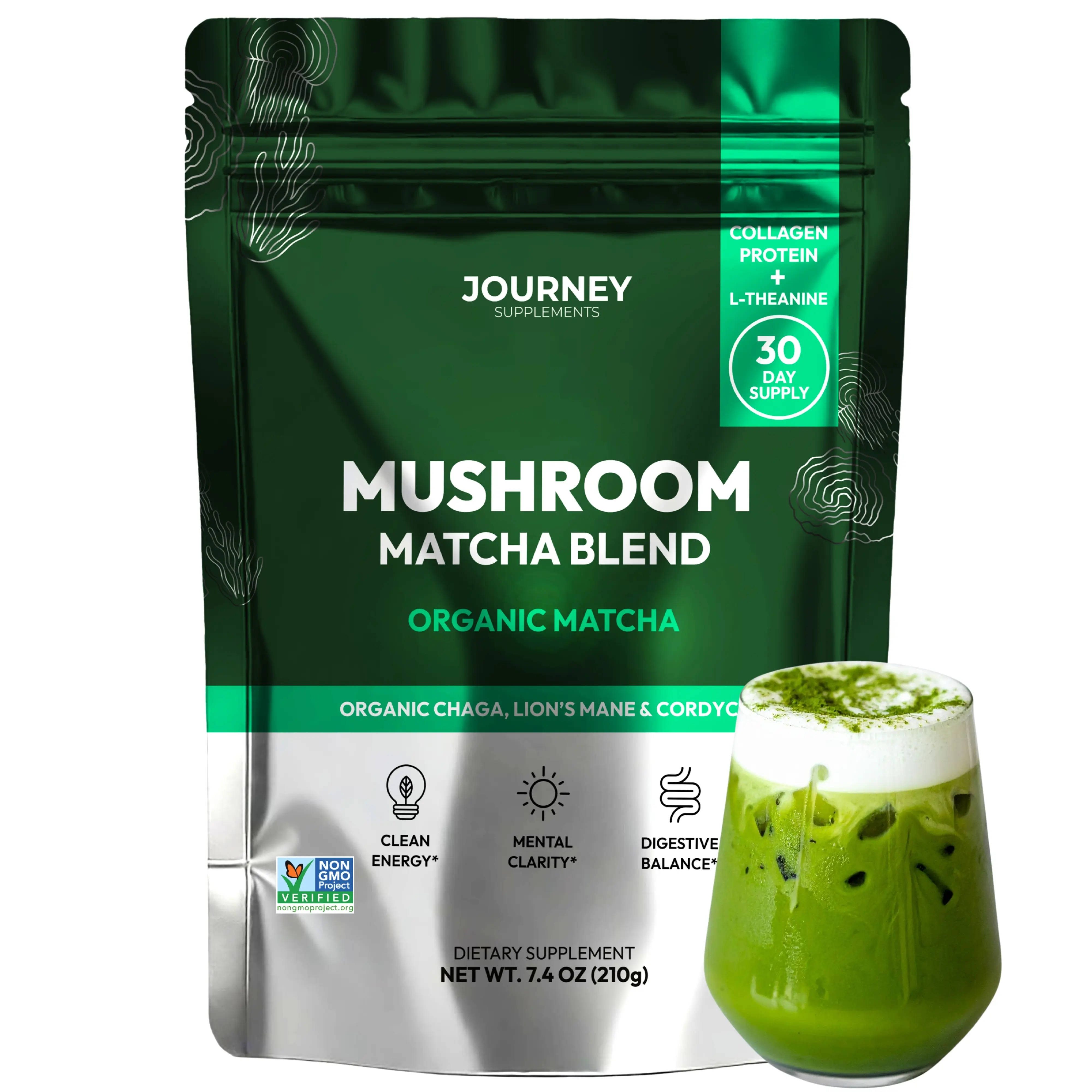 Mushroom Matcha with Collagen – Adaptogenic Matcha for Energy, Focus, & Mental Clarity – Enhanced with Lion’s Mane, Chaga, Cordyceps & L-Theanine (30 Servings)
