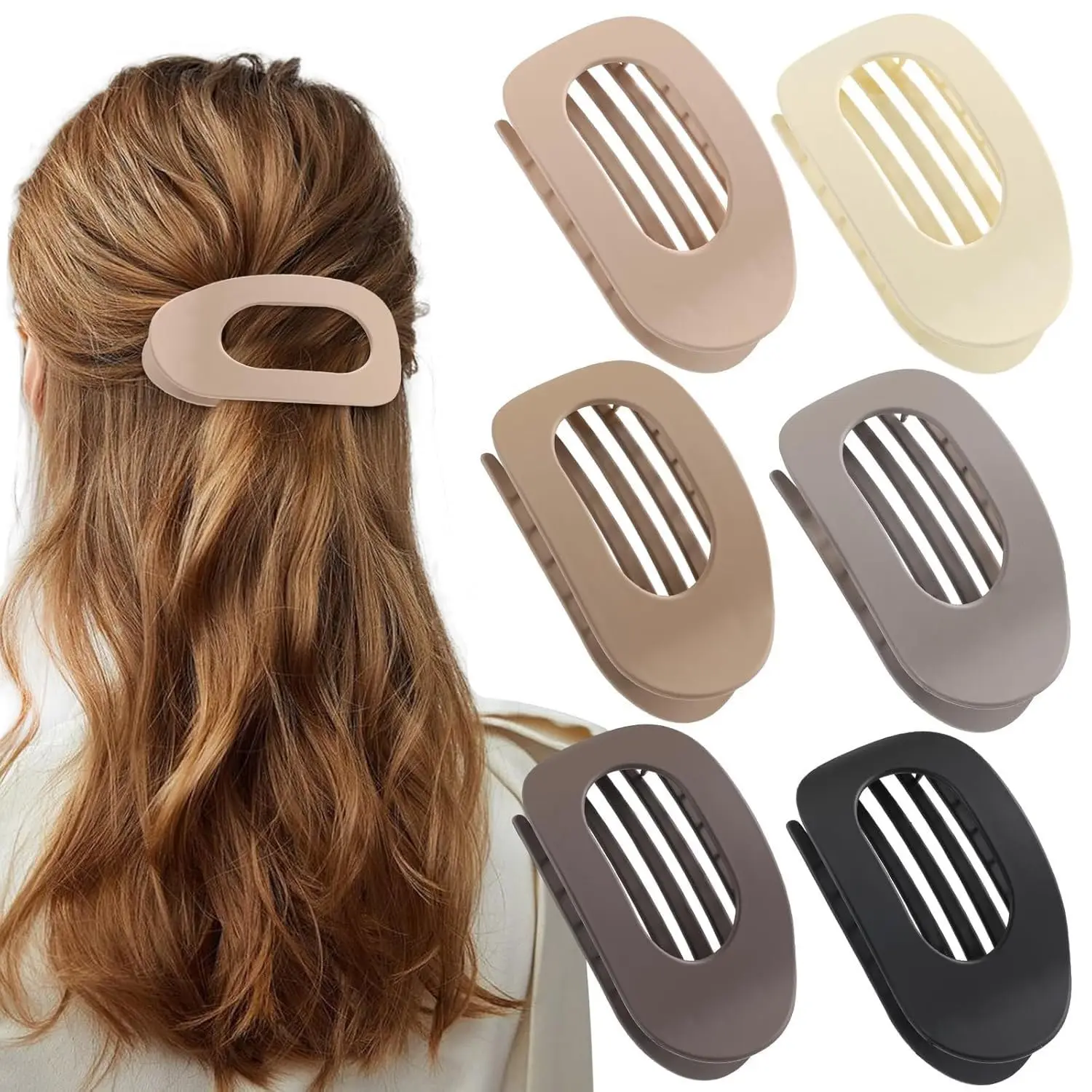 Women's Small Matte Oval Flat Claw Clips - 6PCS Acetate Fiber Dehairstyling Non-Slip Grippy Secure Hair Clips, Curved Elliptical Strong Durable Comfortable Lightweight Alligator Barrettes, Dehairstyling Hair Clips, Non-Slip Hair Clips