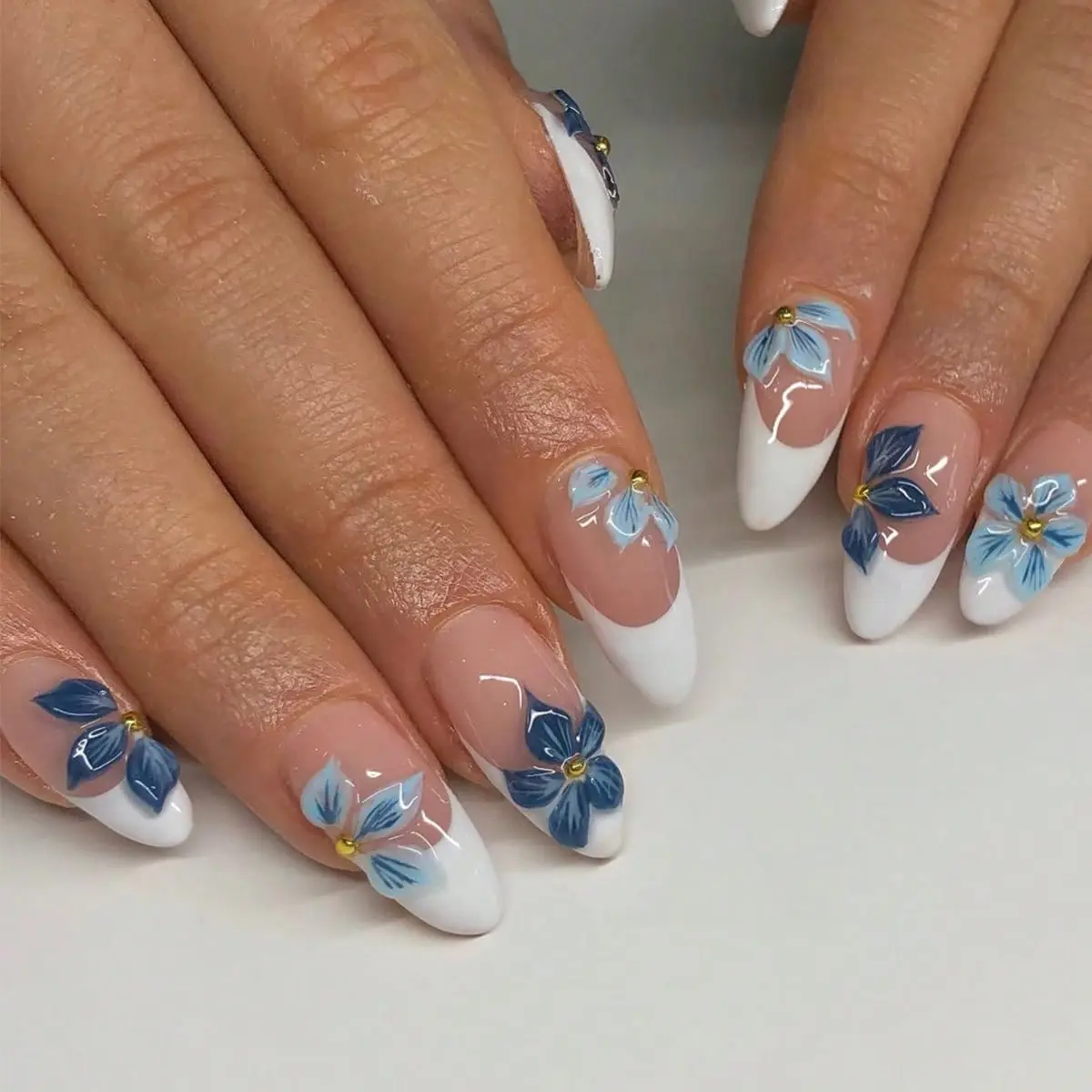 24pcs Long Almond French Manicure, 3D Blue Flower Gold Pearl Design, Acrylic Press-On Nails Set, Easy Wear, Perfect for Parties