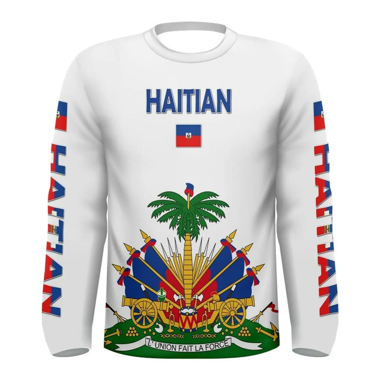 Haitian Flag Sweatshirt Jersey, Haiti Coat of Arms Shirt, L'Union Fait La Force Patriotic Top, Haitian Pride Heritage Sports Fan Gift