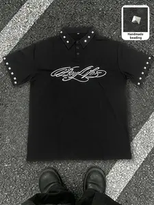 Unisex Black Studded Buttoned Polo Shirt with "Boy Life" Script Print American Punk Streetwear Casual Loose Top