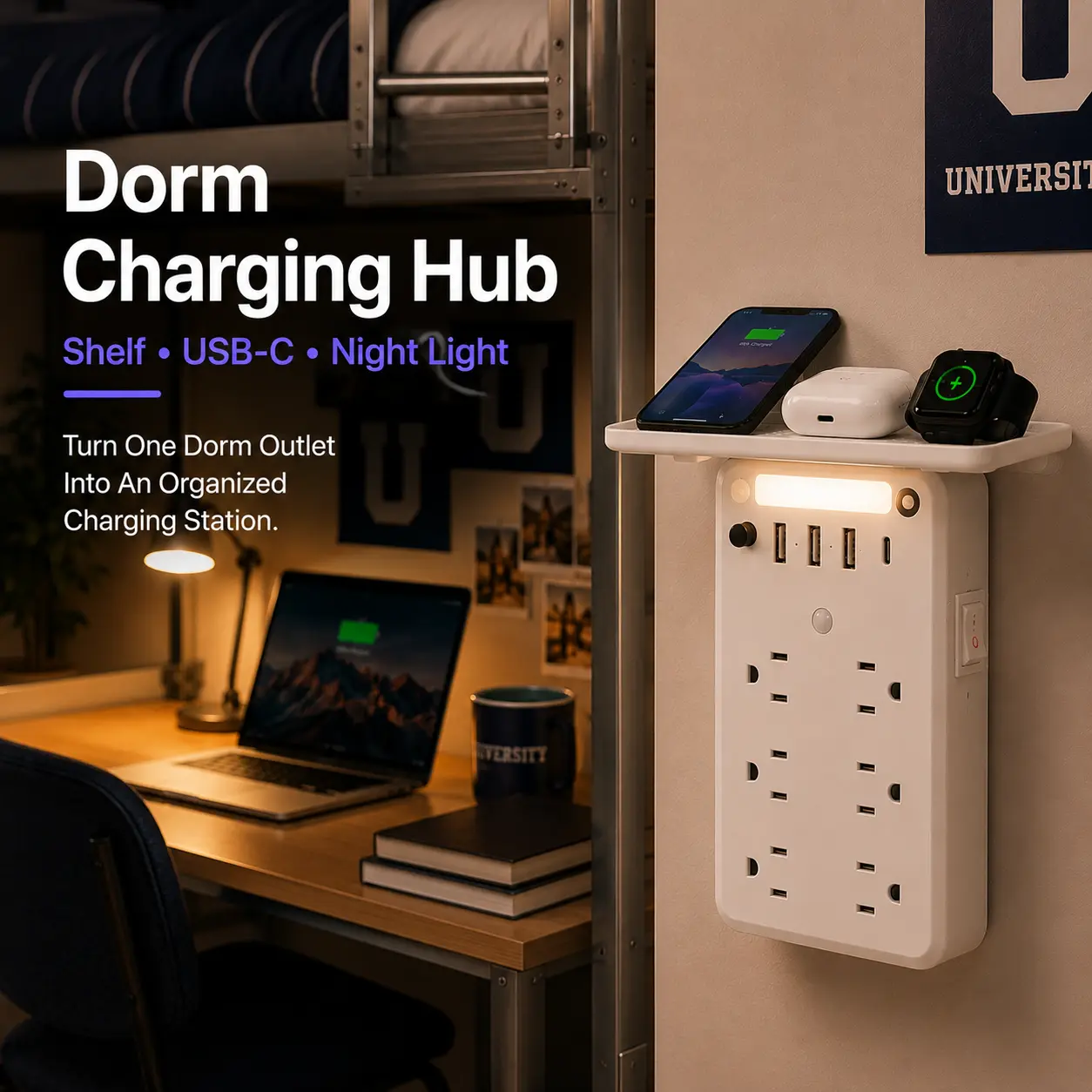 Wall Mount Dorm Charging Hub with Storage Shelf, LED Dimmable Night Light, 6 AC Outlets, 3 USB-A & 1 USB-C Port, Surge Protected Multi Outlet Extender Power Strip for College Dorm Room, Bedroom Desk Small Space