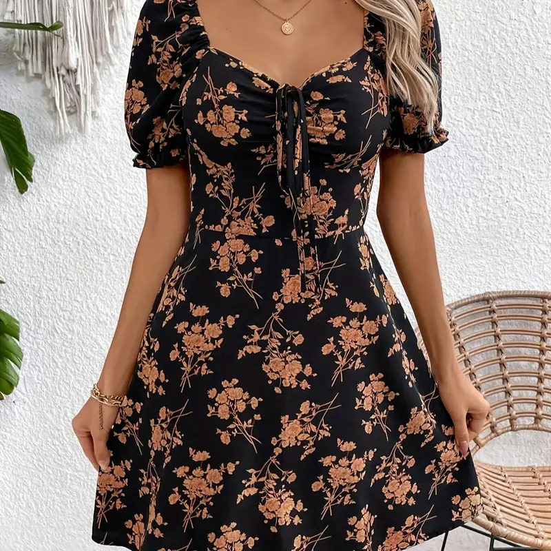 Women's Floral Print Short Sleeve Dress, Elegant Chic Fashion Sweetheart Neck Short Dress for Daily Outdoor Wear, Women Dress for Summer, Boho Style Dress, Boho Summer Holiday