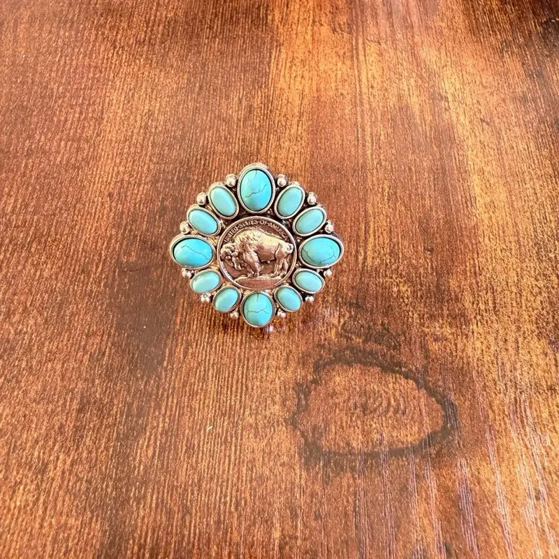 Western Turquoise Buffalo Ring, Rustic Animal Shaped Coin Jewelry with an Adjustable Band for Everyday Wear, Turquoise Rings, Animal Shaped Rings