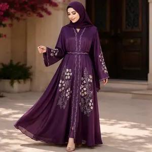 Women's Luxury Floral Embroidered Open-Front Abaya with Matching Hijab and Belt