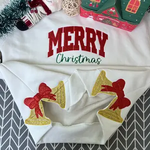 Merry Christmas with Bell Side Bow Embroidered Sweatshirt, Glitter Christmas Sweatshirt, Side Bow Applique Hoodie, Christmas Bow Shirt, Holiday Apparel, Bell