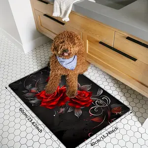 1pc Elegant Rose Pattern Kitchen Area Mat - Non-Slip, Polyester Floor Mat with Black Background and Red Roses, Quick Dry for Indoor/Outdoor Use, Perfect for Laundry Room or Entrance