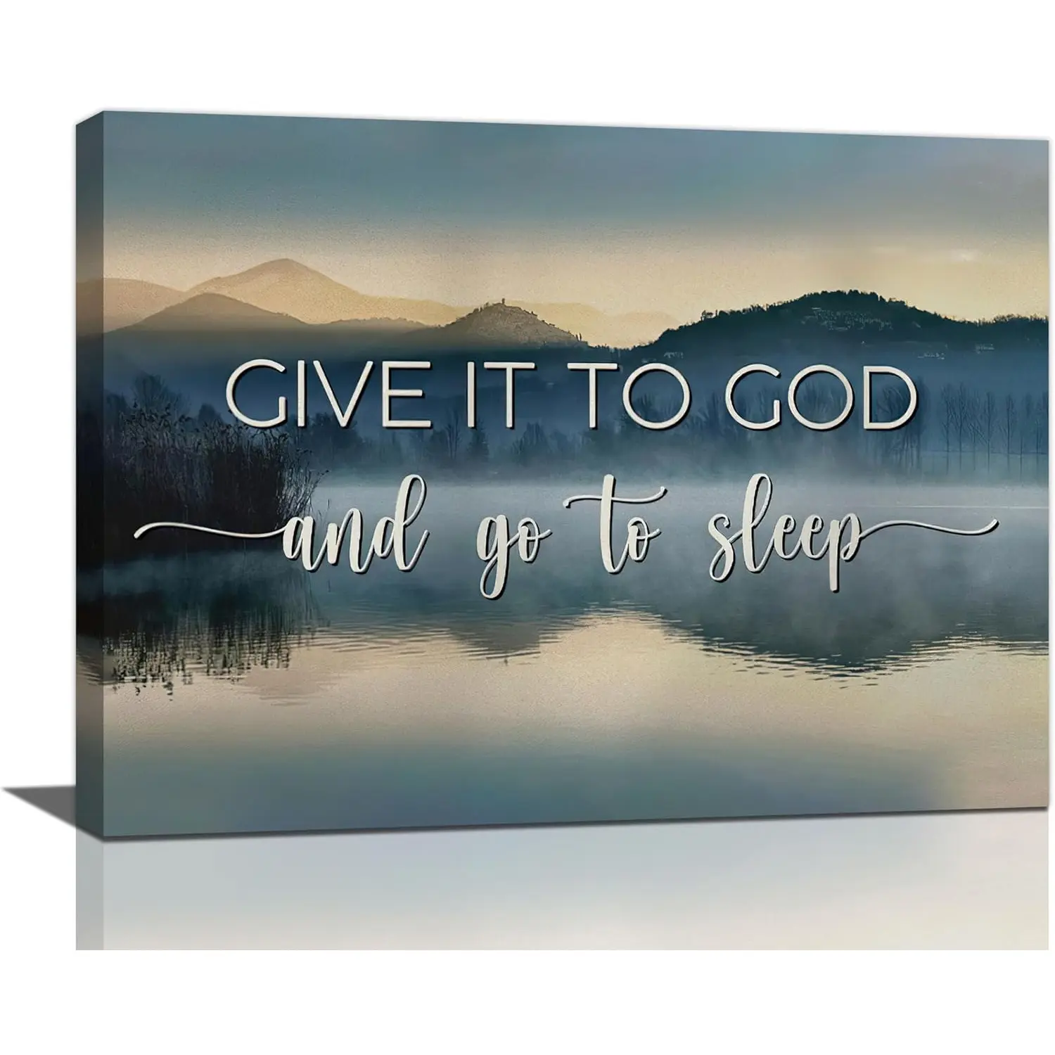 Framed Canvas Wall Art Christian Religious Quote Print "Give It to God and Go to Sleep" - Plain Faith Decoration, Serene Lake Mountain Inspo, Ready-to-Hang Fade-Resistant Indoor Print for Living Room, Kid Room, Quotes Print, Landscape